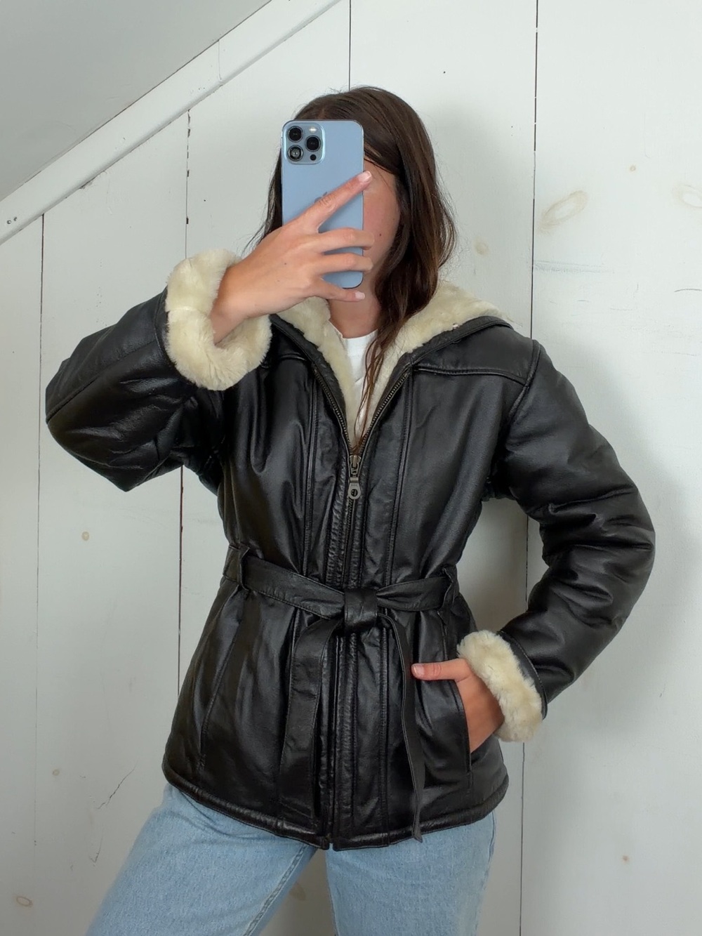Vintage Wilsons Brown Genuine Leather Hooded Belted Jacket Women’s S Fur Lined